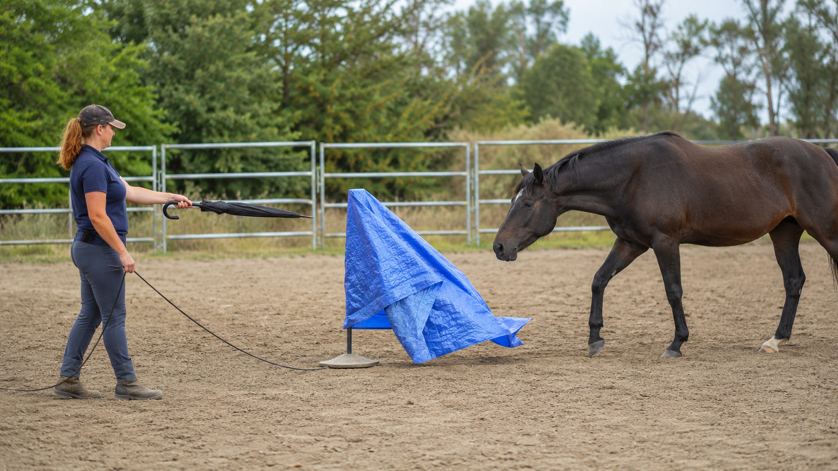 Horse and handler calmly working near a blue tarp during confidence training
