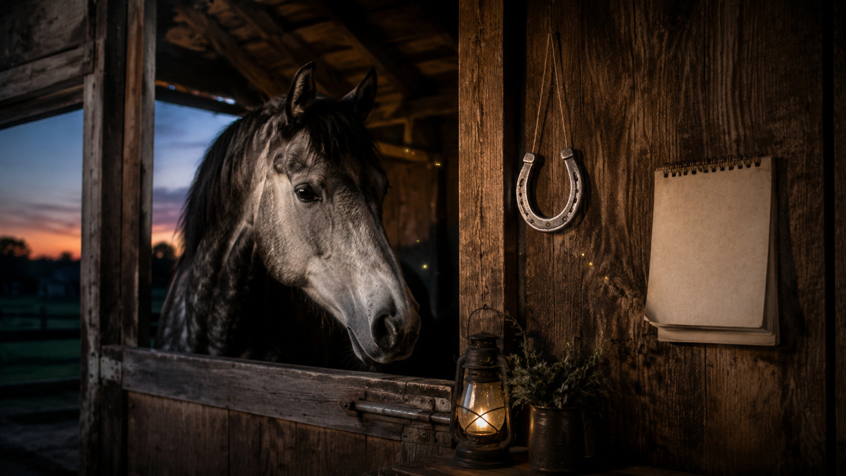 Horse in a dim barn beside a horseshoe and blank calendar page at dusk