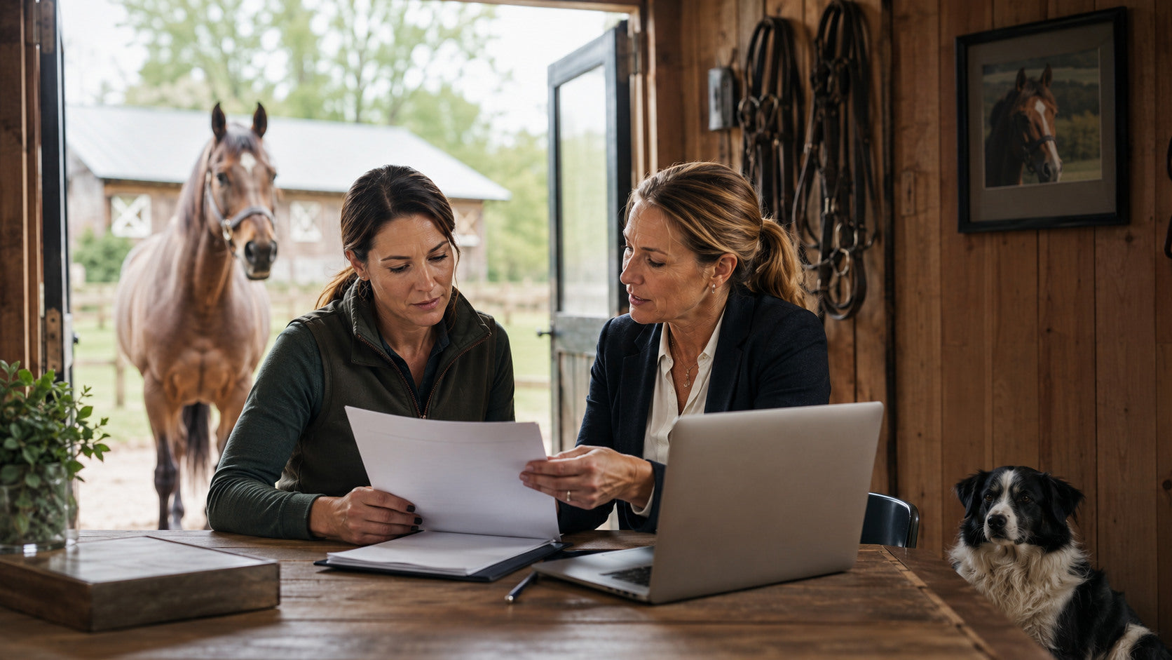 Horse owner reviewing insurance documents with an equine insurance professional