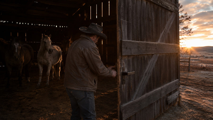 Horseman closing a barn gate at sunrise before a day of work