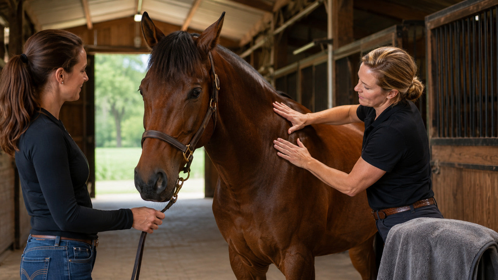 Equine massage practitioner working on a calm horse's shoulder and topline