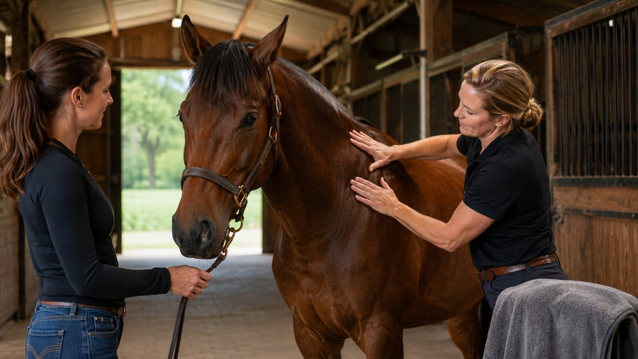 Equine massage practitioner working on a calm horse's shoulder and topline