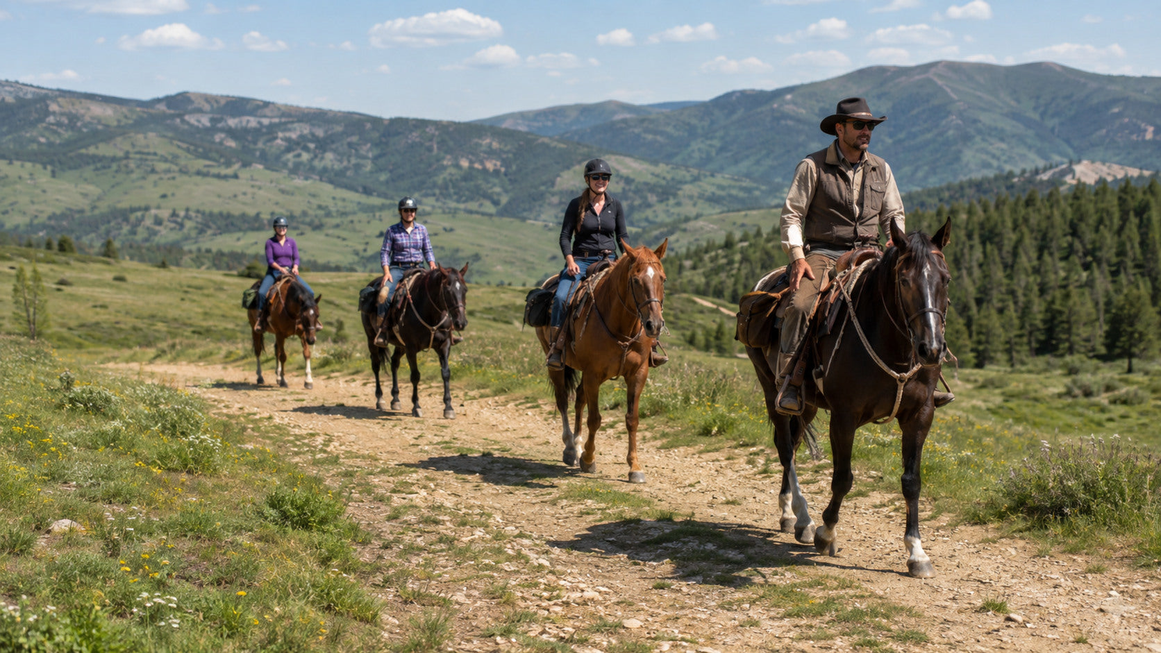 Helmeted riders following an experienced guide on a mountain trail