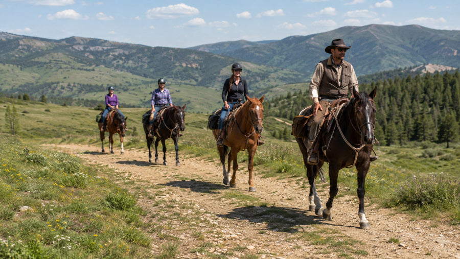Helmeted riders following an experienced guide on a mountain trail