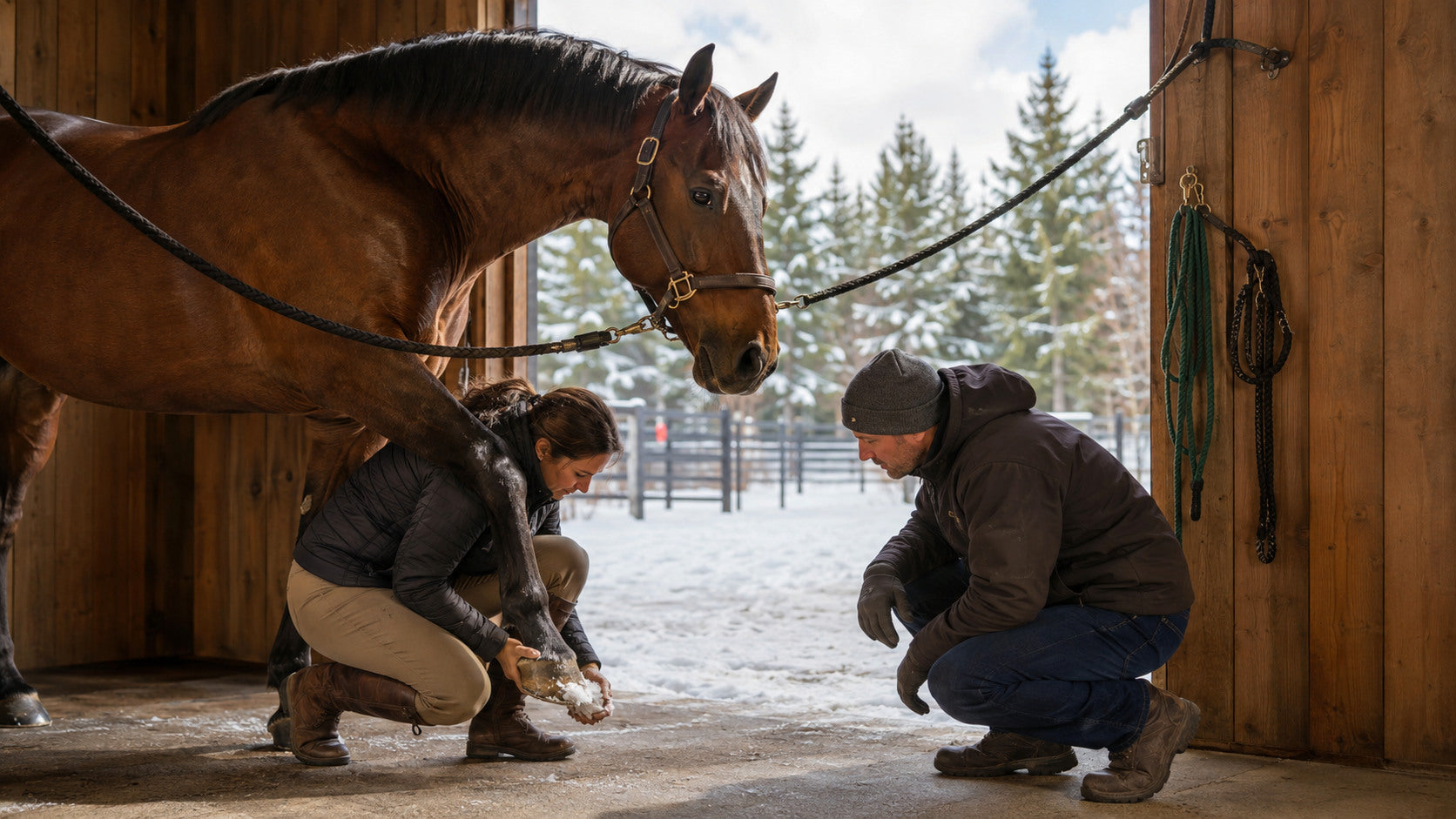 Horse owner and farrier checking a snow-packed hoof during winter