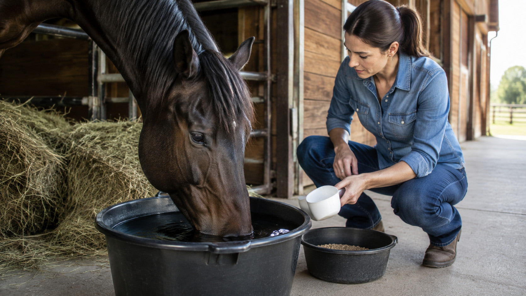Horse drinking from a clean bucket while an owner measures an electrolyte serving