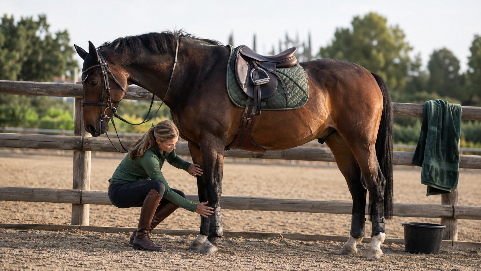 Rider checking a horse's legs before and after an arena workout