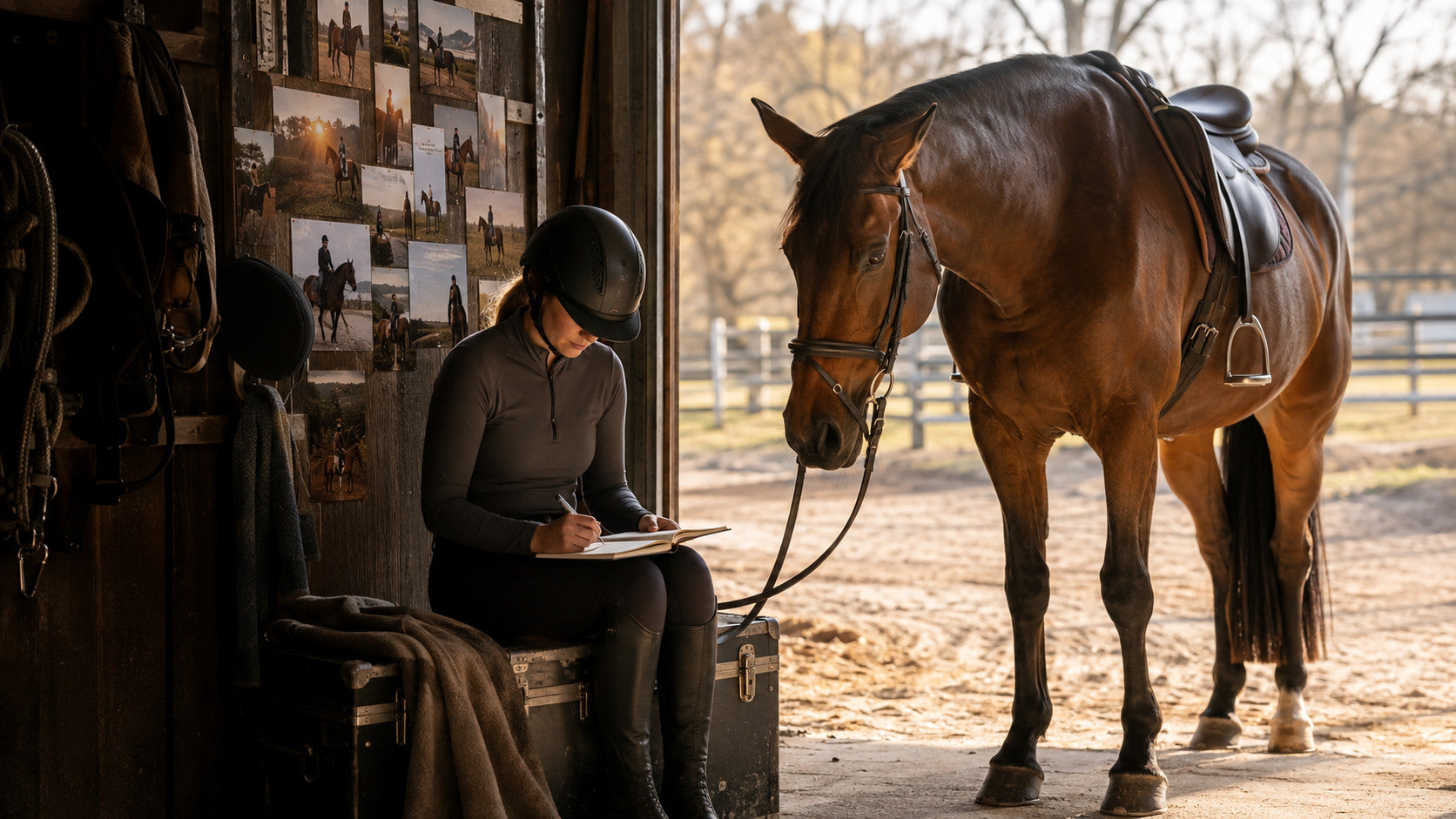 Rider writing in a notebook beside a calm saddled horse in a barn doorway