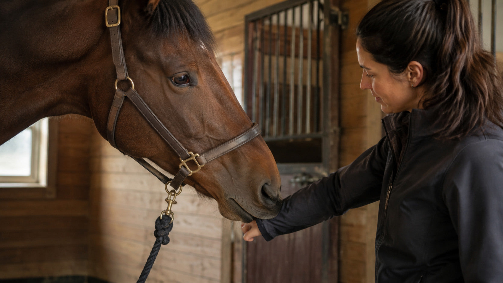 Horse gently exploring an owner's sleeve while the owner maintains a calm boundary