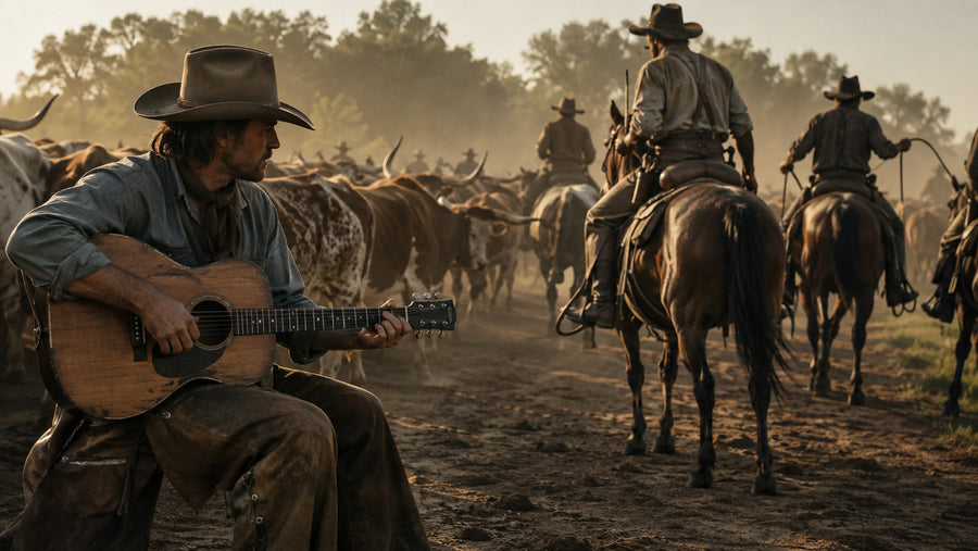 Cowboy playing guitar beside a Fort Worth cattle drive in a historical tall-tale scene