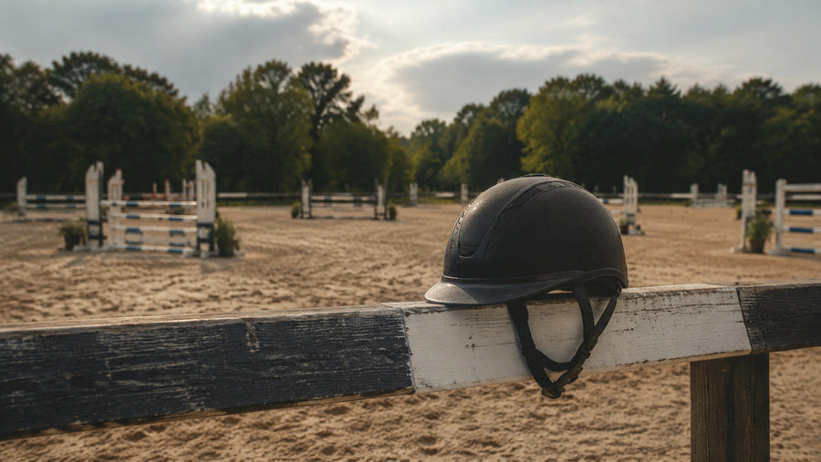 Riding helmet on an arena rail with a show-jumping course in the background