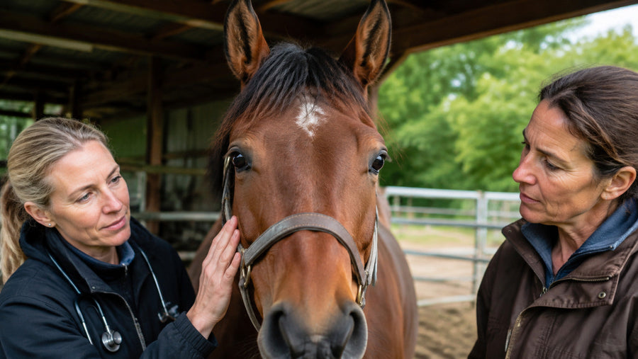 Veterinarian and horse owner observing equine facial expressions