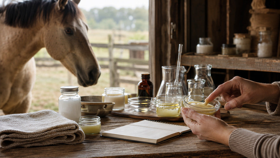 Equine care team reviewing topical formulation ingredients beside a horse
