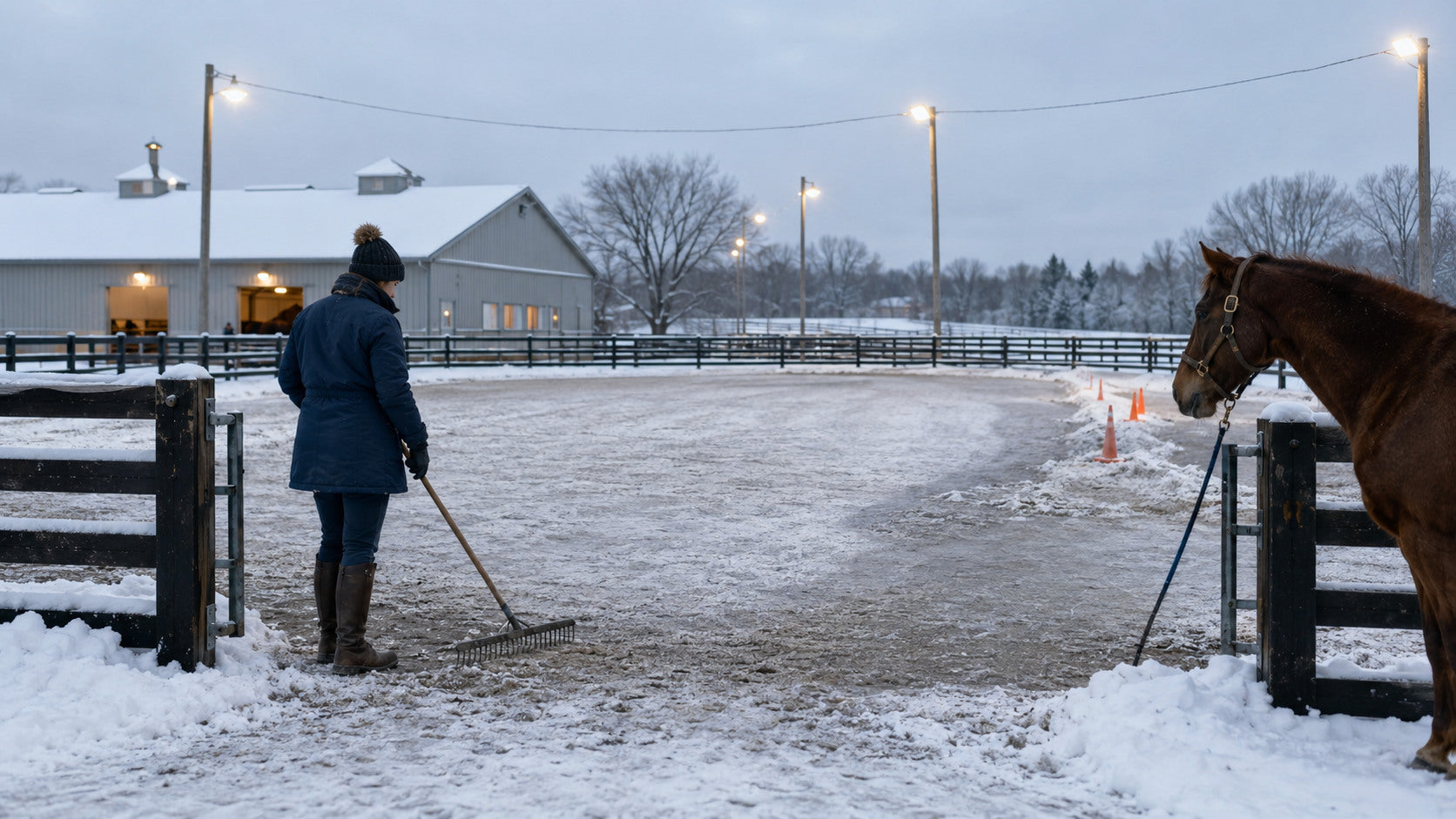 Horse owner inspecting a lightly snow-covered outdoor riding arena and marking an icy edge