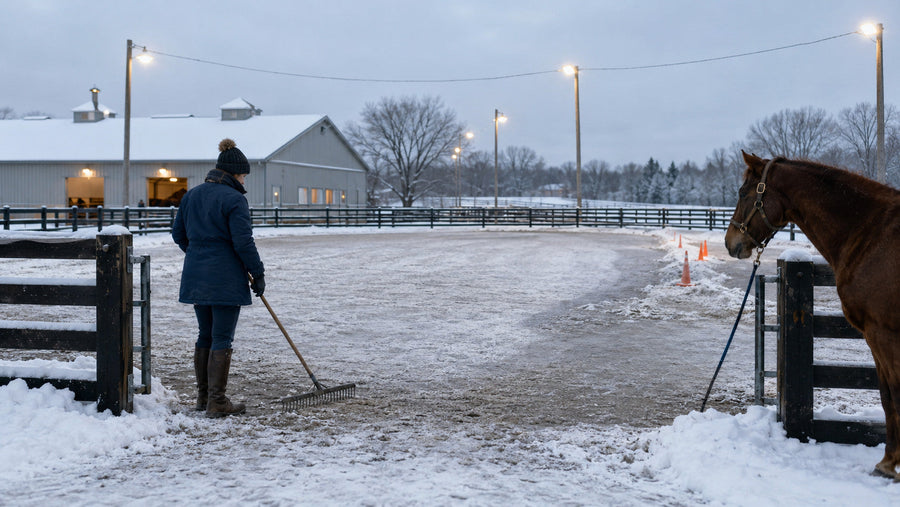 Horse owner inspecting a lightly snow-covered outdoor riding arena and marking an icy edge