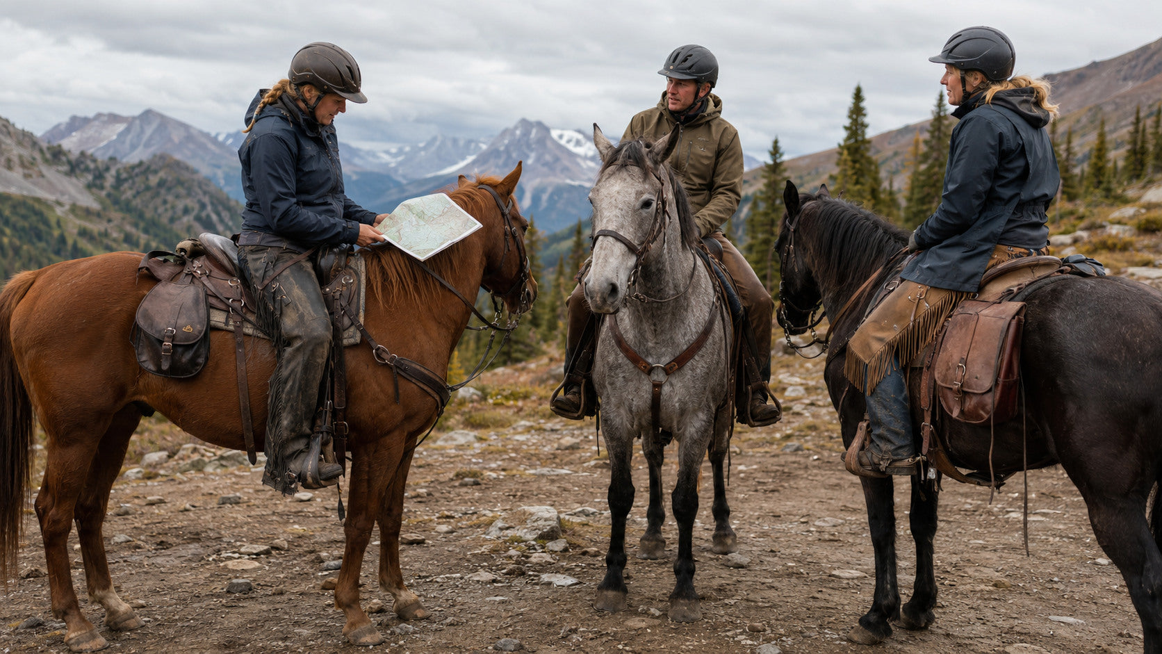 Helmeted trail riders checking a map at a mountain trail junction
