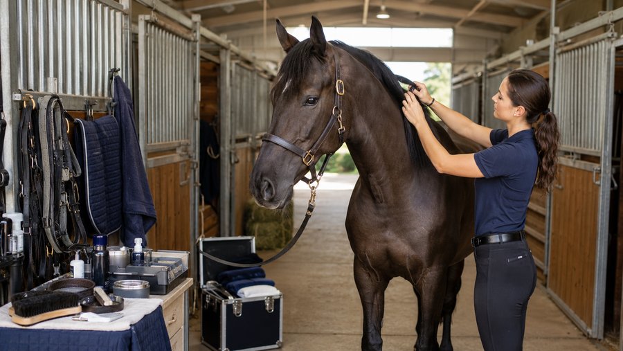 Organized horse show grooming preparation in the barn