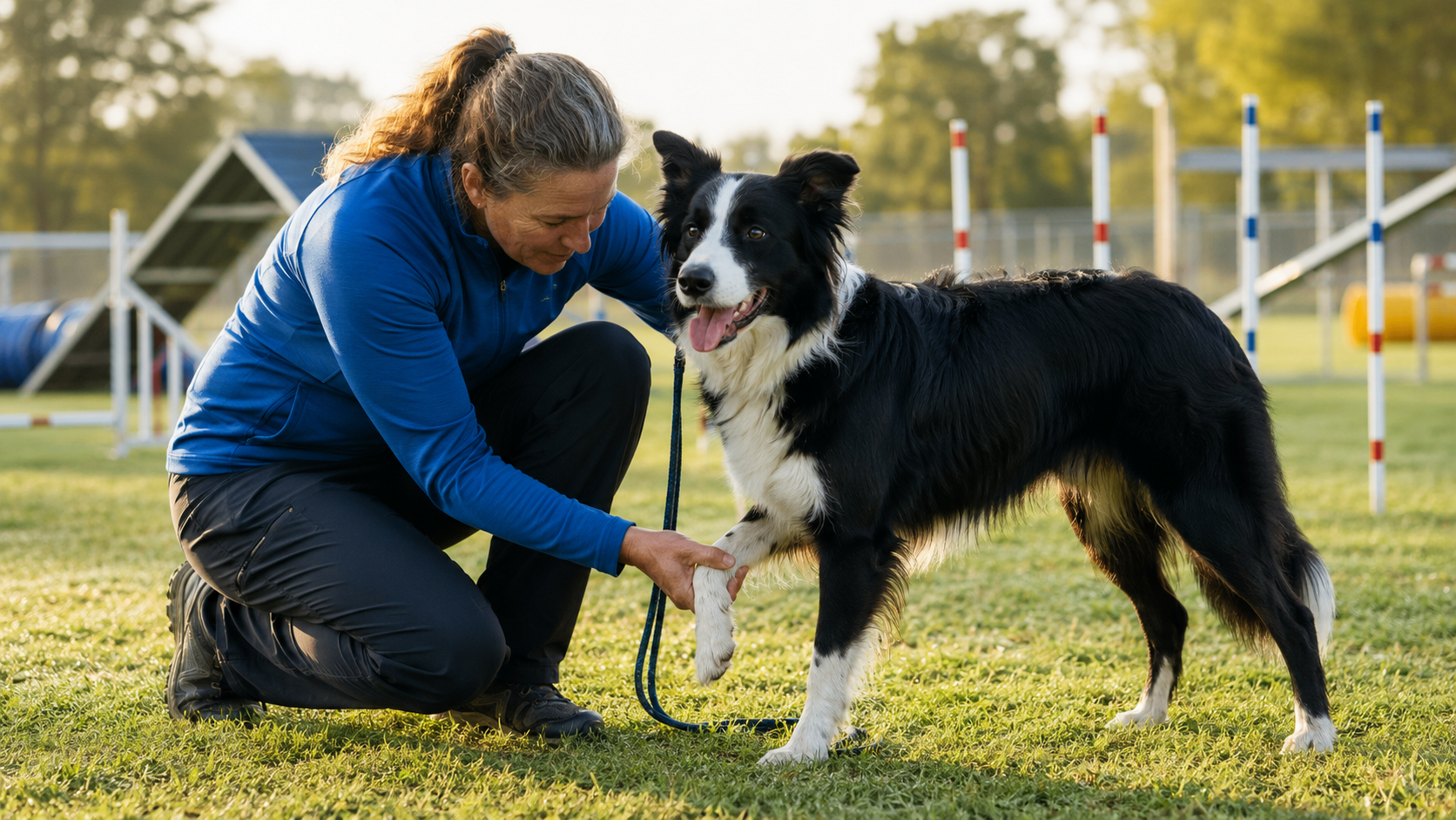 Handler checking an agility dog's front leg after a run