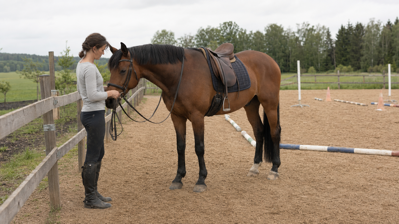 Rider pausing beside a horse to reset an arena training plan