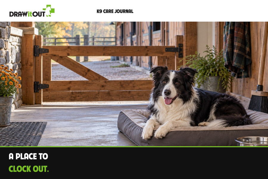 Draw It Out® K9 Care Journal: border collie resting on a bed in a quiet barn area behind a gate.