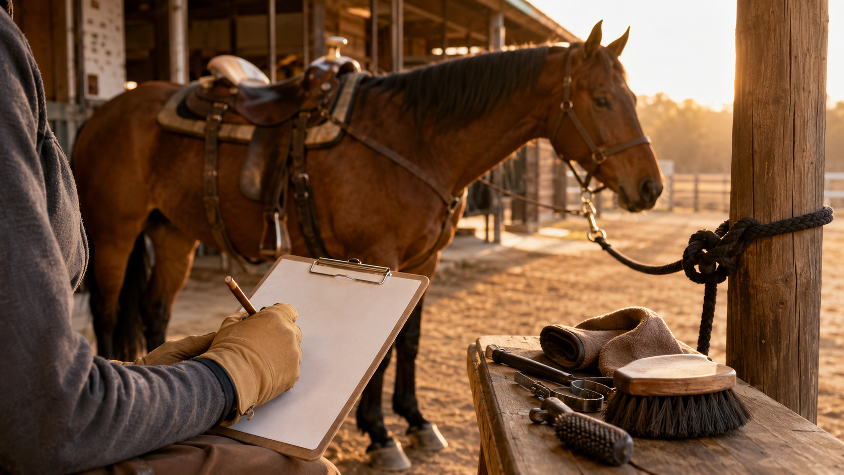 Rider writing a barn care note beside a saddled horse and grooming tools