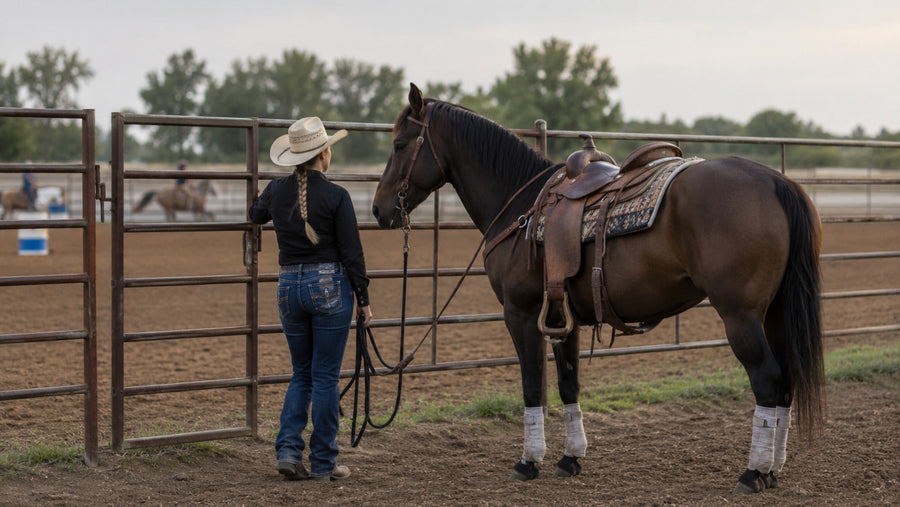 Barrel racer stopping to assess a calm horse beside the arena rather than entering