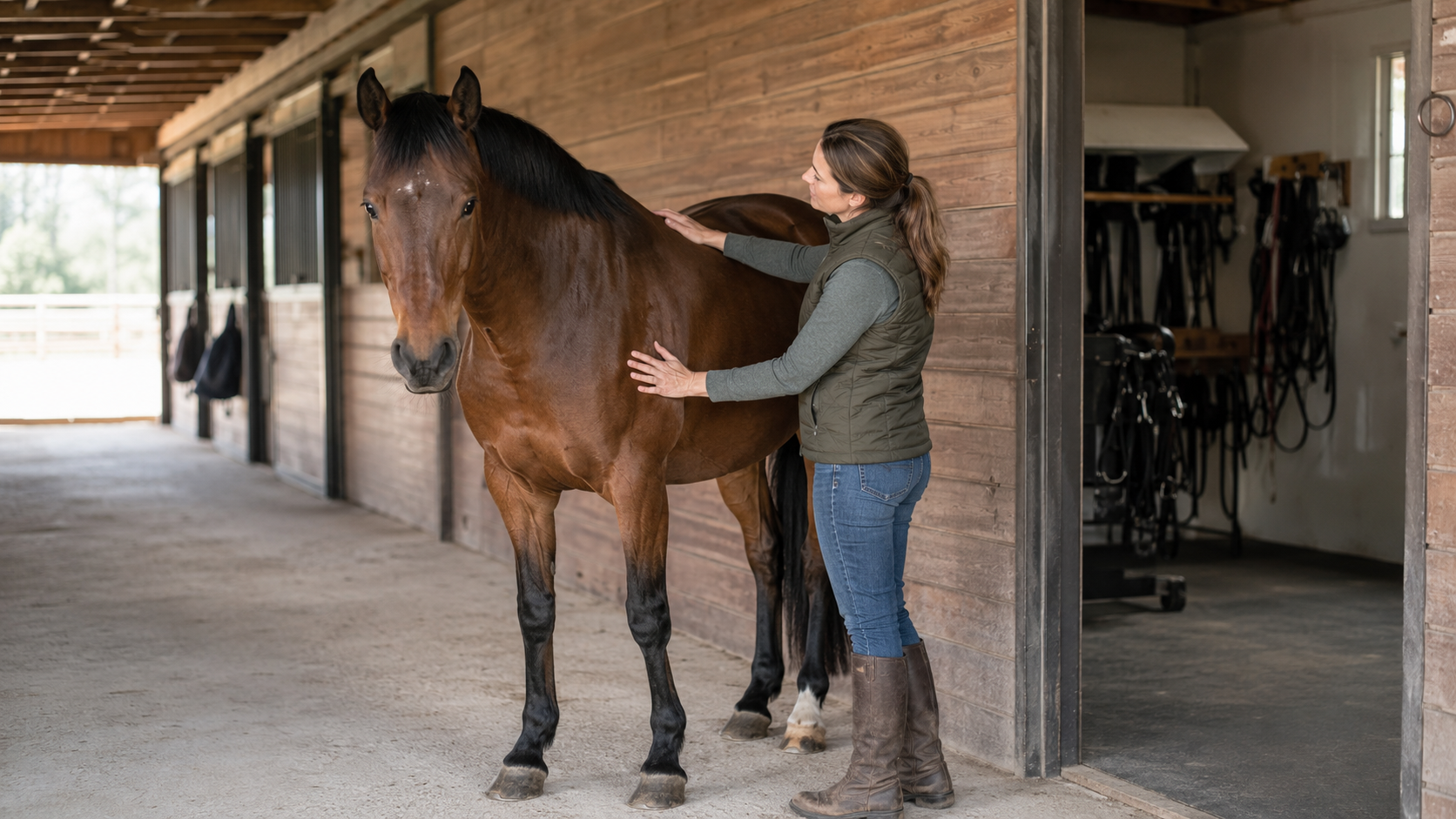 Horse owner assessing the horse before choosing another care product