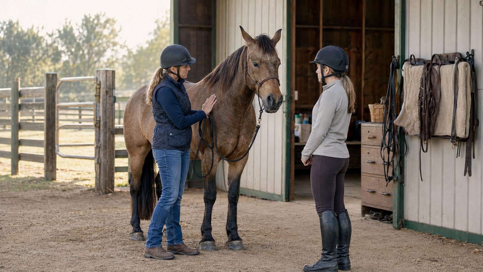 Instructor introducing a beginning rider to a calm mature lesson horse