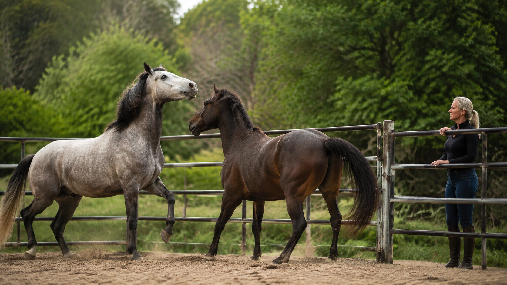 Handler observing two horses’ body language at a paddock gate