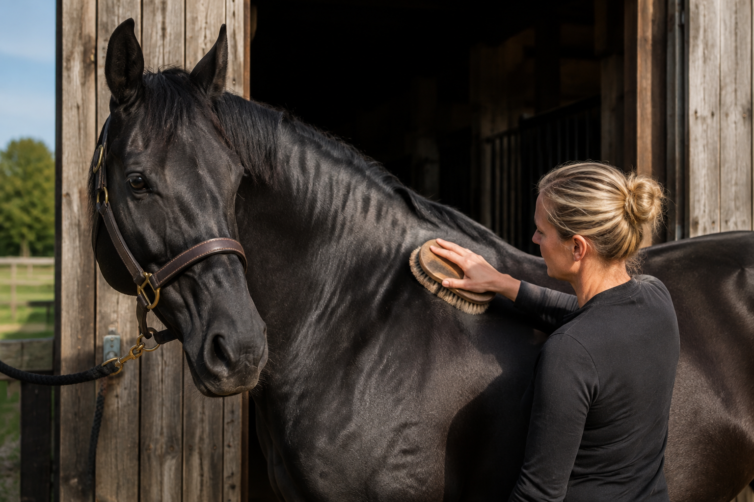 Healthy black horse being groomed in a barn doorway