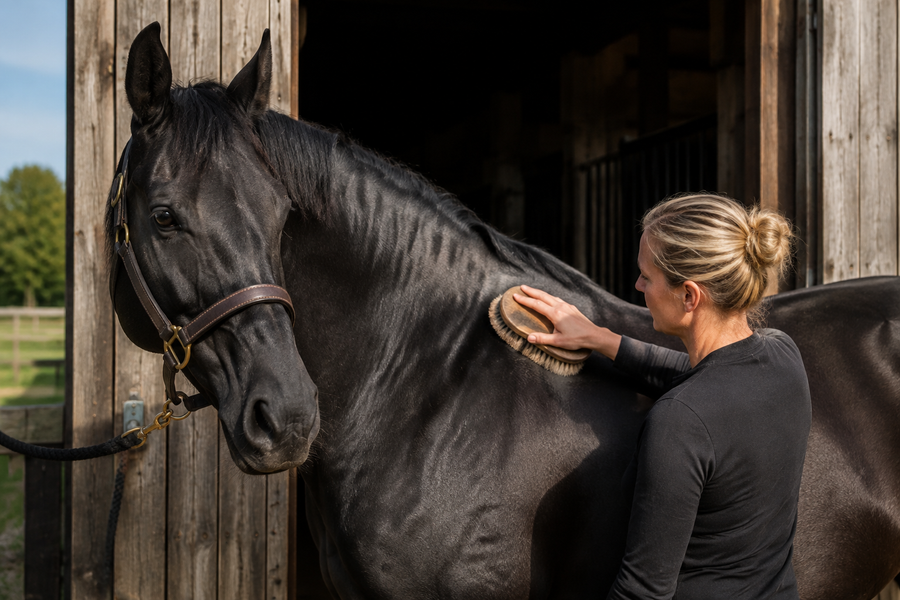 Healthy black horse being groomed in a barn doorway