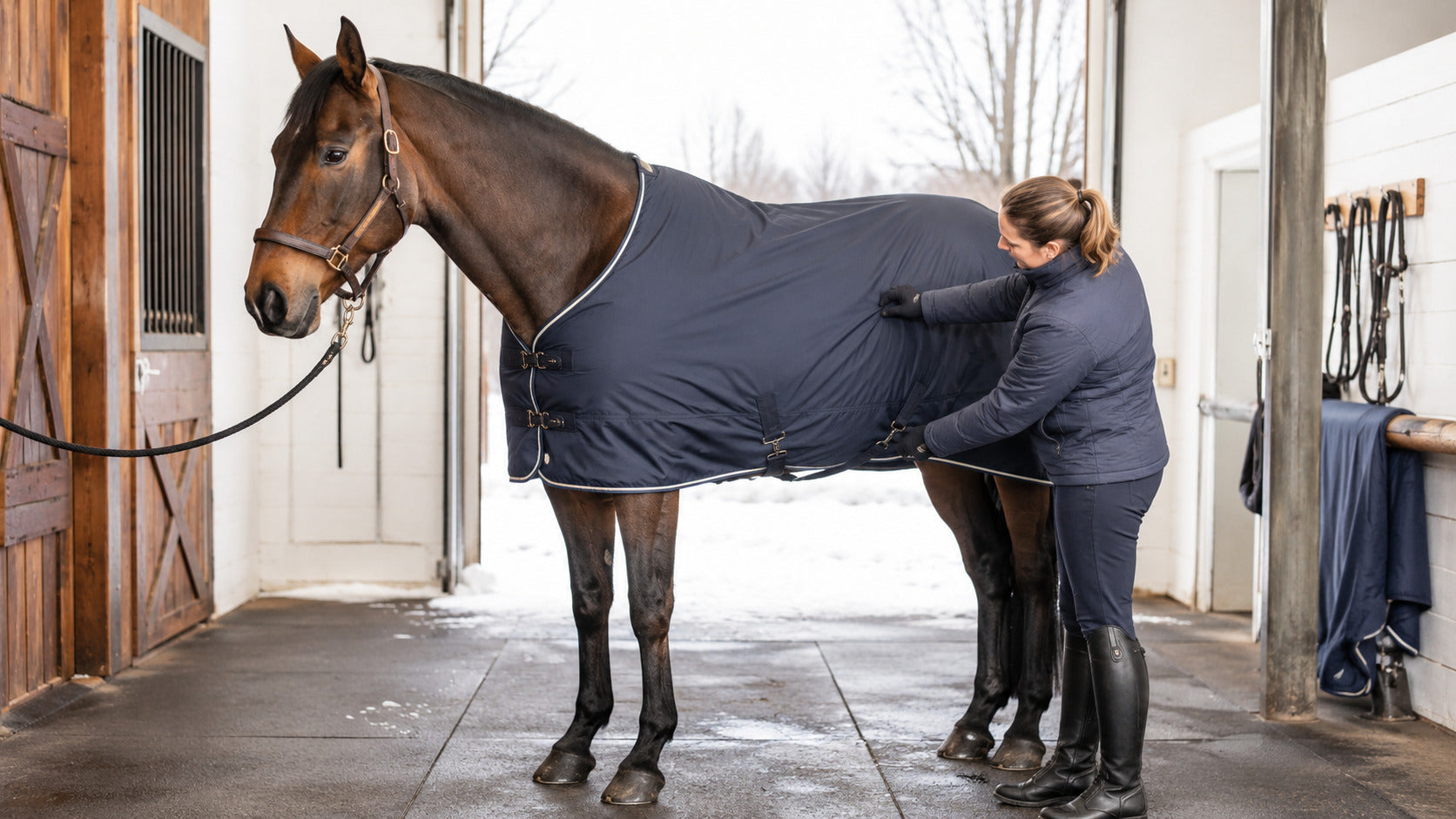 Caretaker checking shoulder clearance on a horse blanket