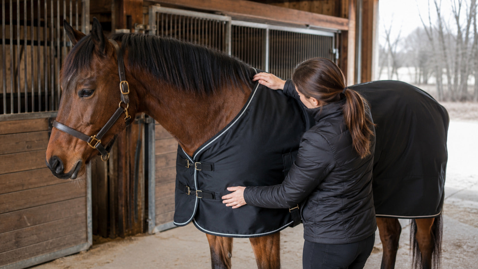 Horse owner checking blanket fit at the shoulder and withers during late winter