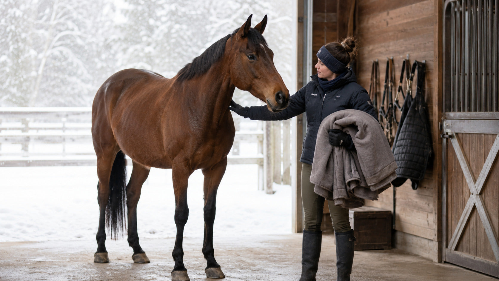 Caretaker evaluating a horse before choosing a blanket