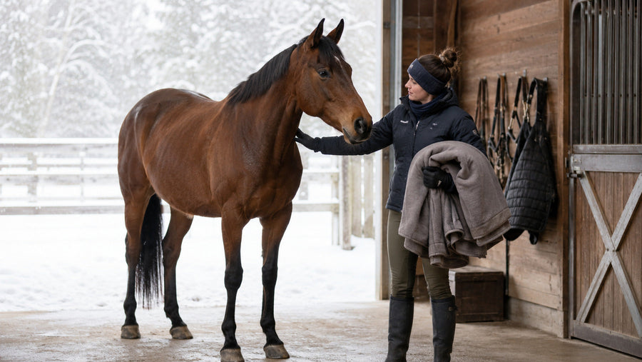 Caretaker evaluating a horse before choosing a blanket