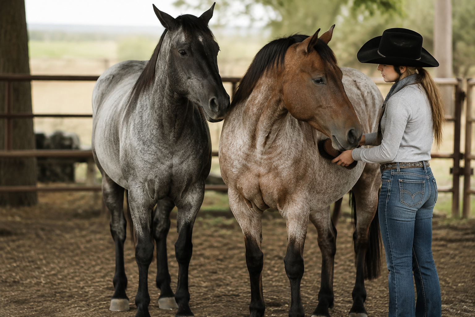 Blue roan and strawberry roan horses showing distinct coat colors