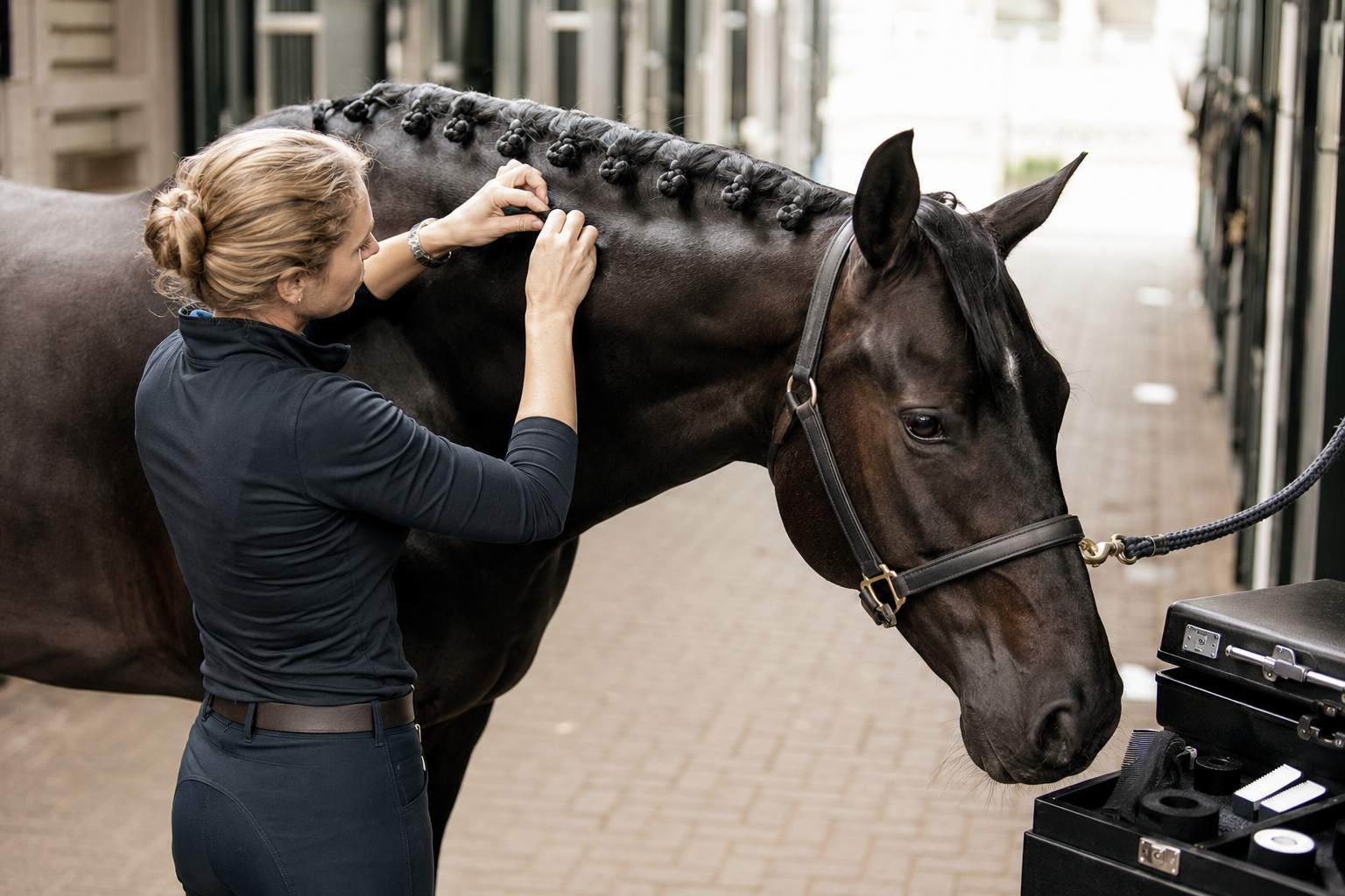 Groom braiding a dark horse's mane for show preparation