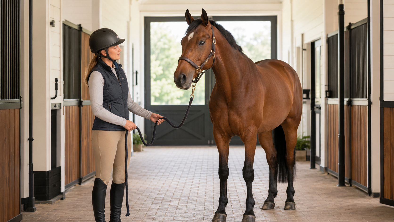 Horse owner observing a calm horse’s breathing in a well-ventilated barn