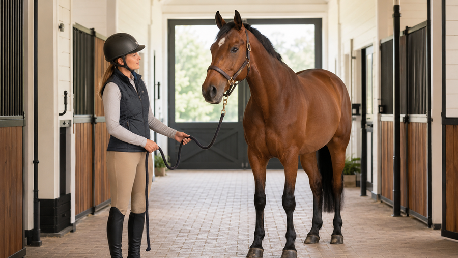 Horse owner observing a calm horse’s breathing in a well-ventilated barn