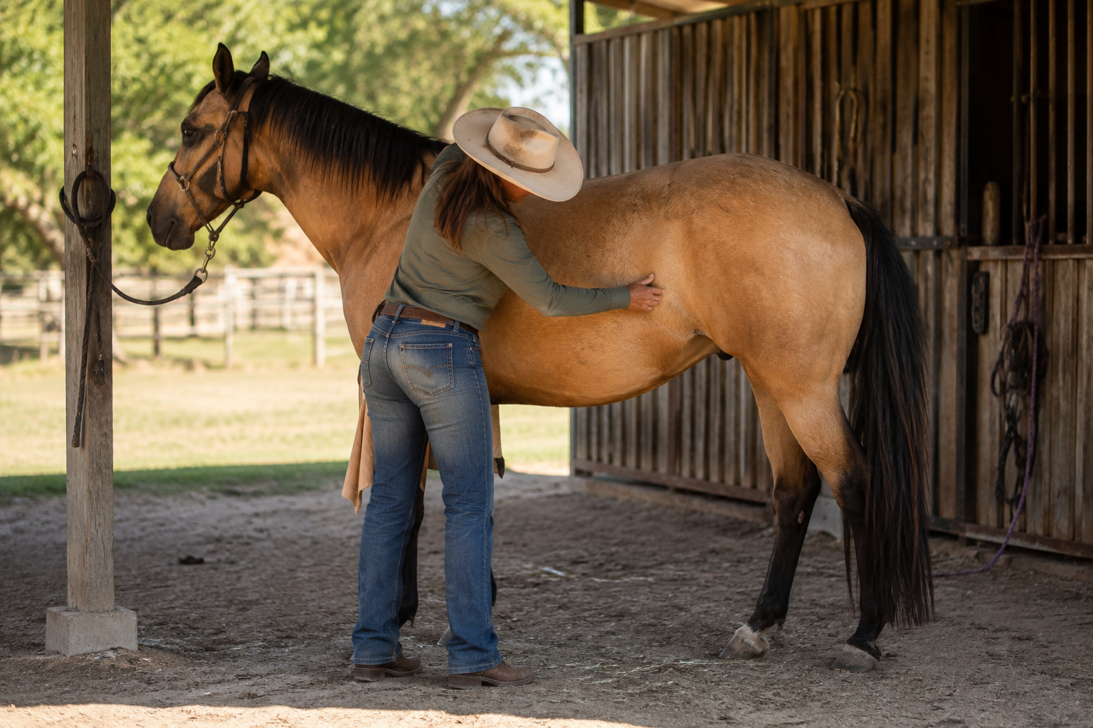 Buckskin horse with black points receiving a routine coat check