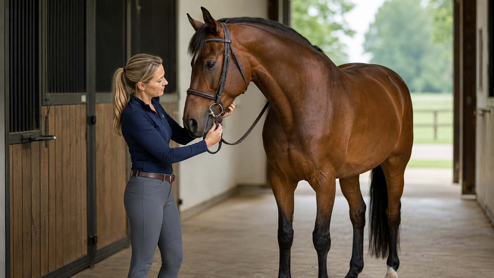 Rider checking a horse's bridle and bit fit before changing equipment