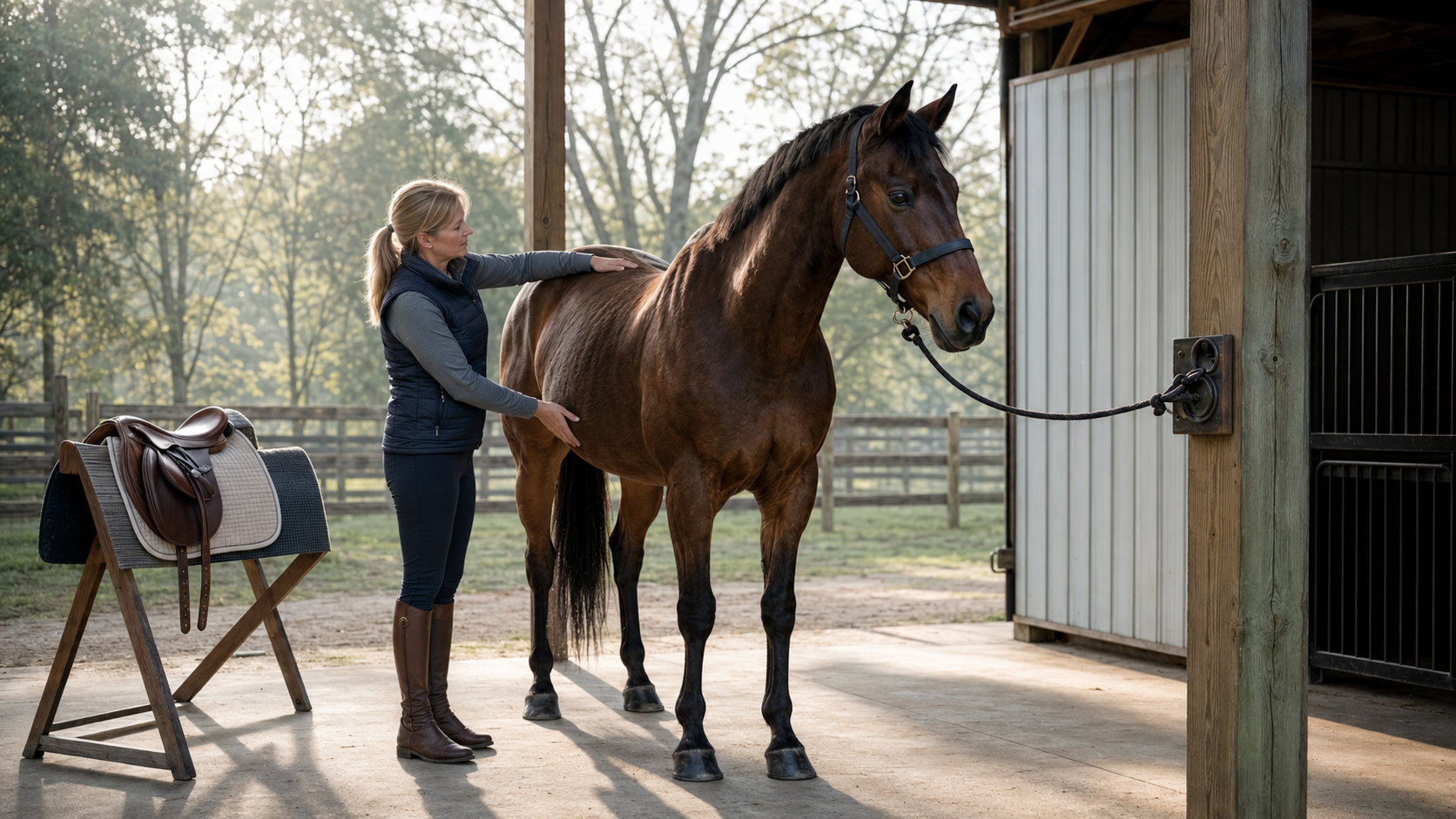 Rider checking a horse’s back and posture before putting on tack
