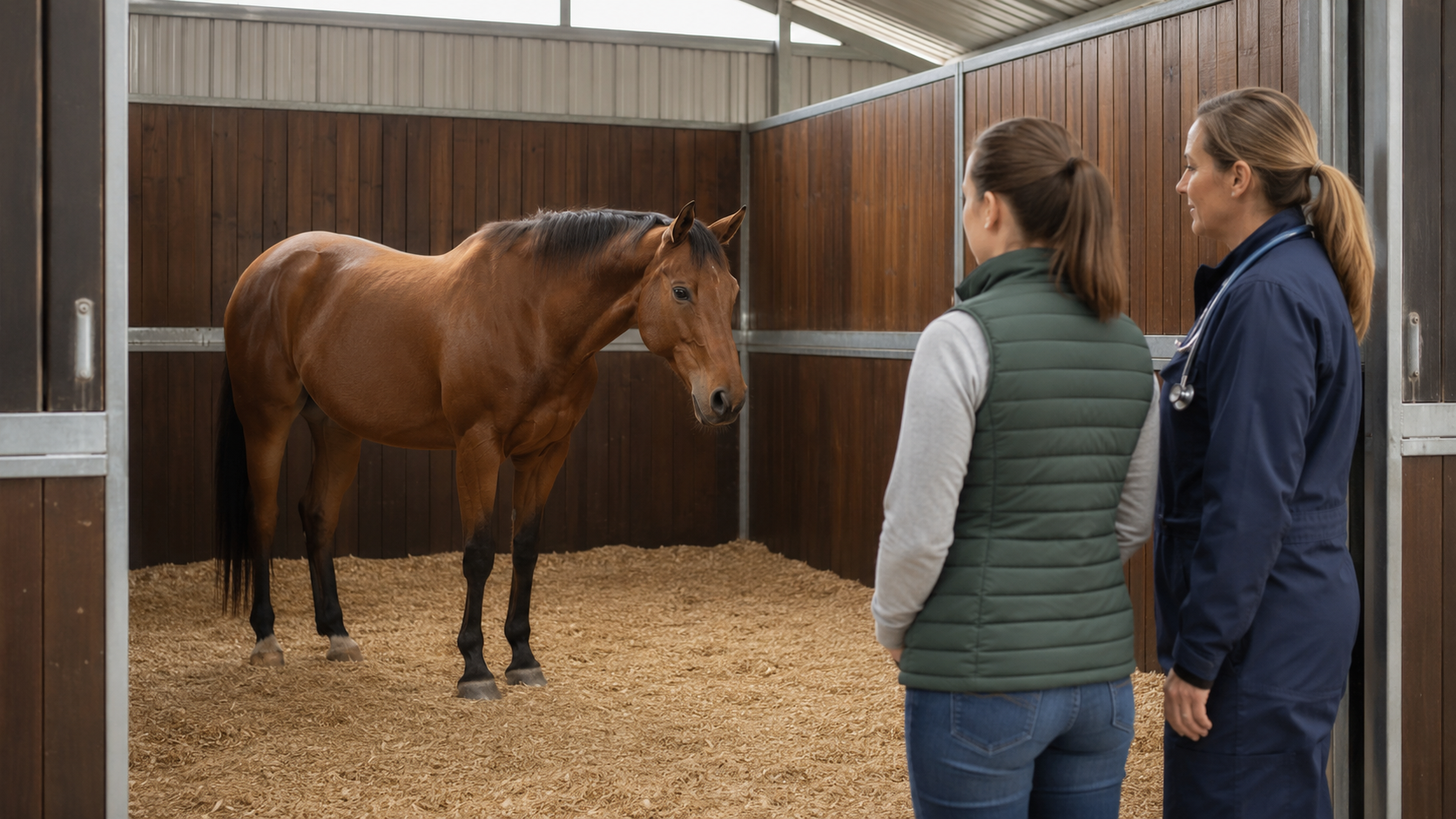 Horse owner and veterinarian calmly observing a horse in a cleared stall