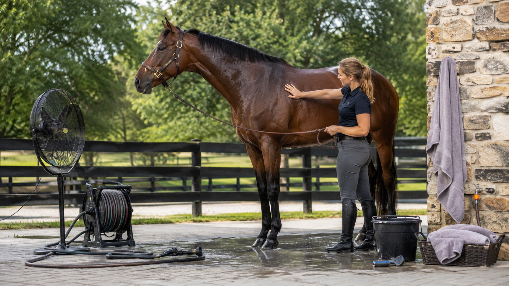 Handler checking a horse beside an organized post-work cooling station
