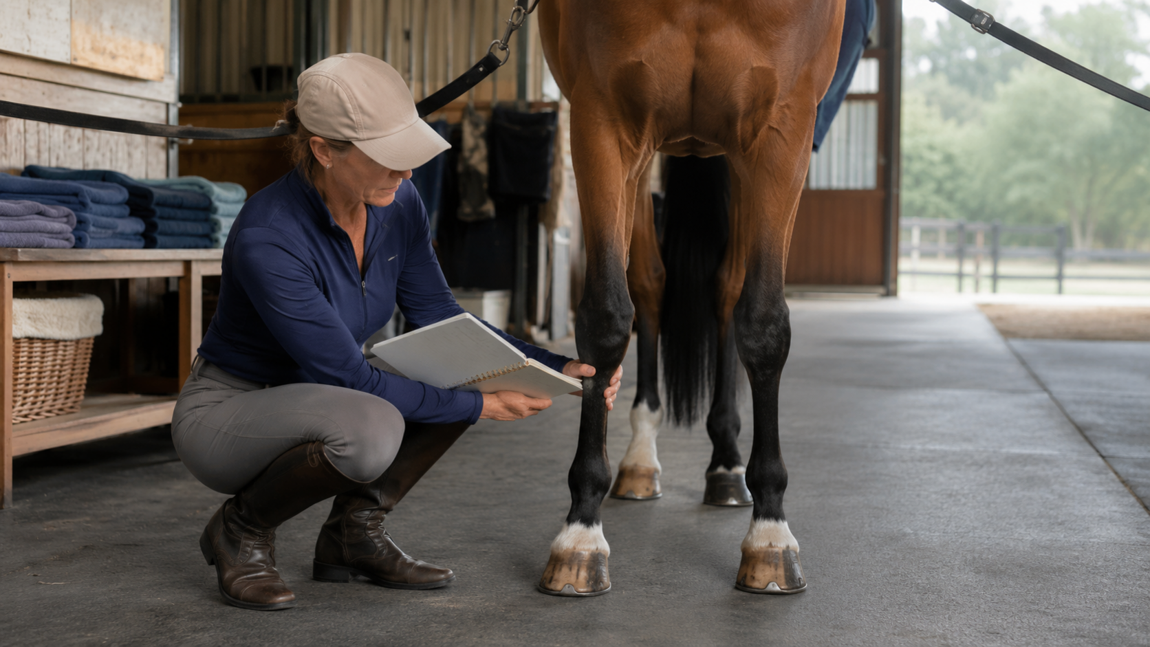 Rider performing a hands-on horse leg check while reviewing care notes
