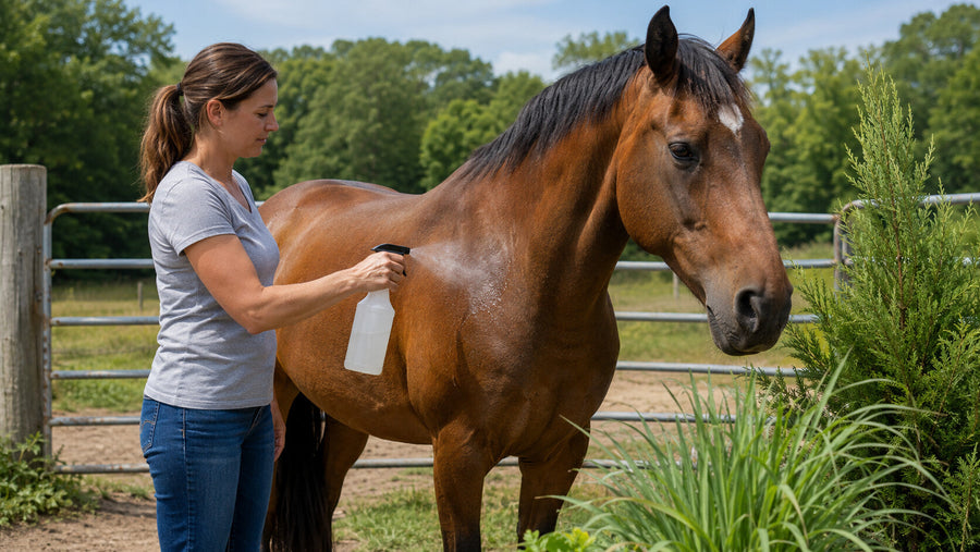 Horse owner applying an unlabeled fly-season spray to a horse's shoulder