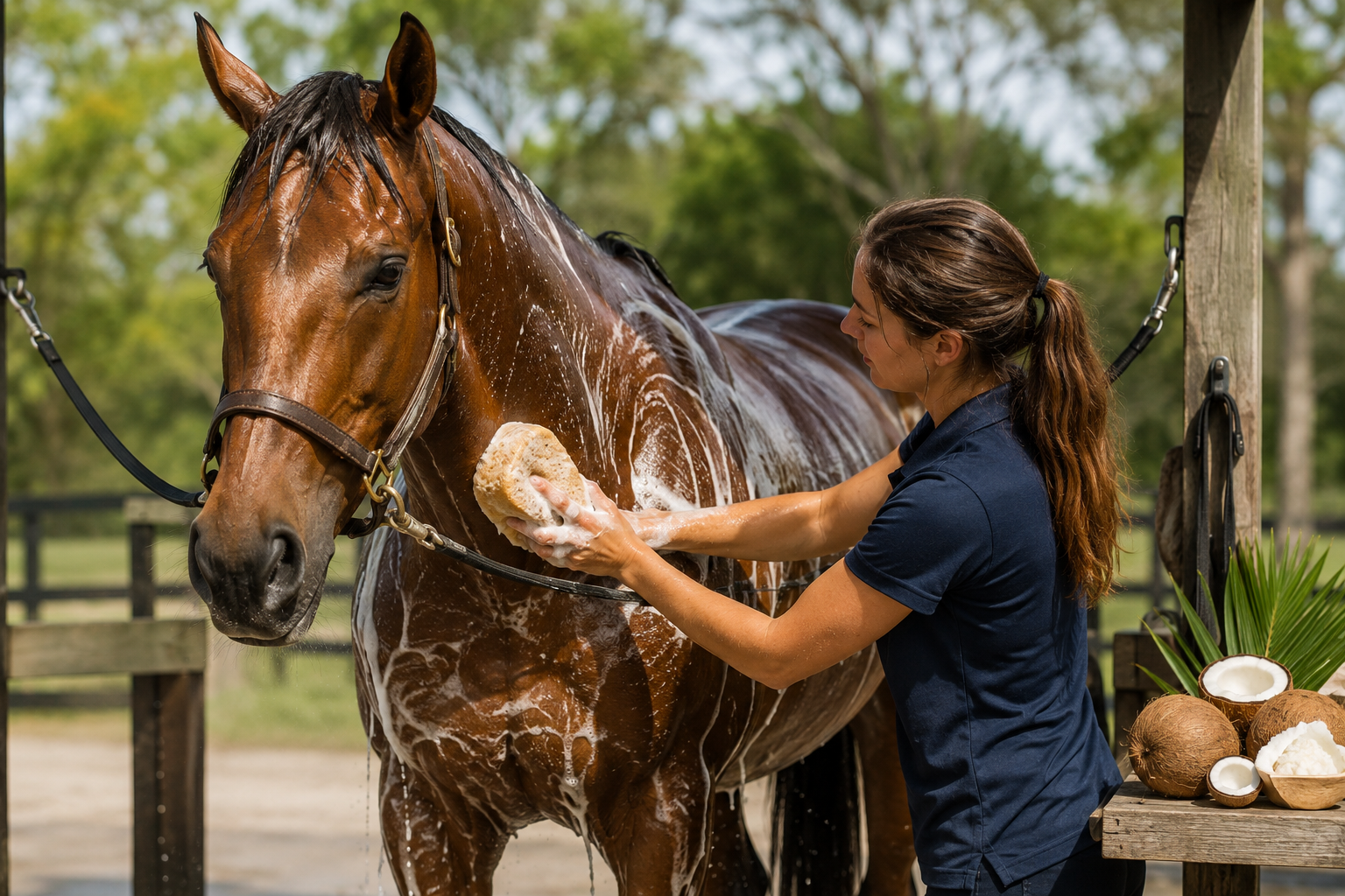 Horse being washed with a gentle lather beside coconut-derived ingredient cues