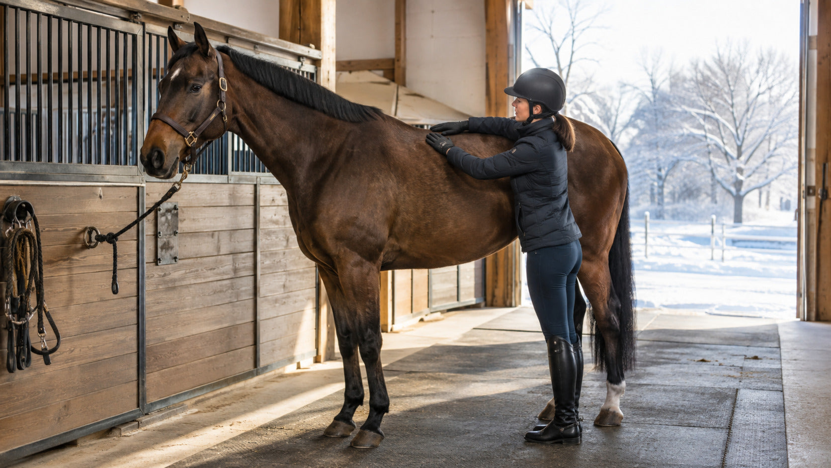 Rider checking a horse’s back before a winter ride