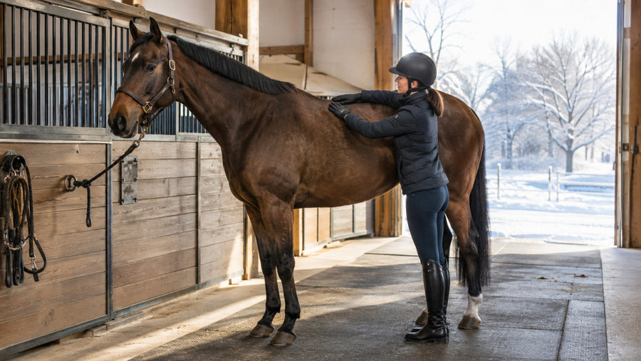 Rider checking a horse’s back before a winter ride