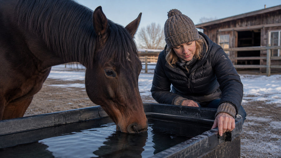 Horse drinking from a clean winter trough while the owner checks it